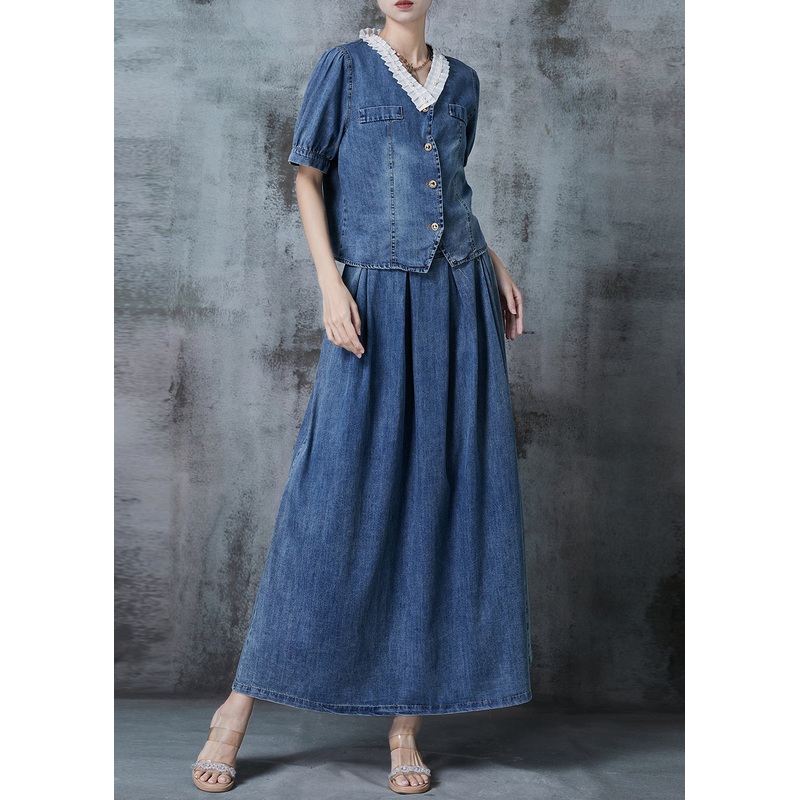 Women Blue V Neck Patchwork Denim Two Pieces Set Spring