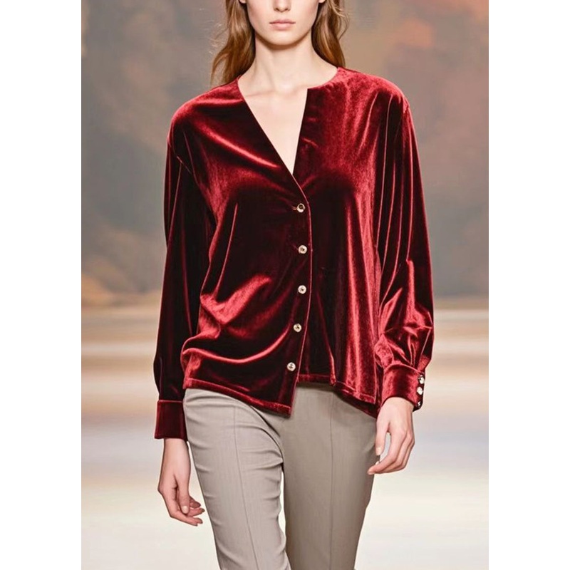 Women Mulberry Asymmetrical Design Silk Velour Shirt Spring