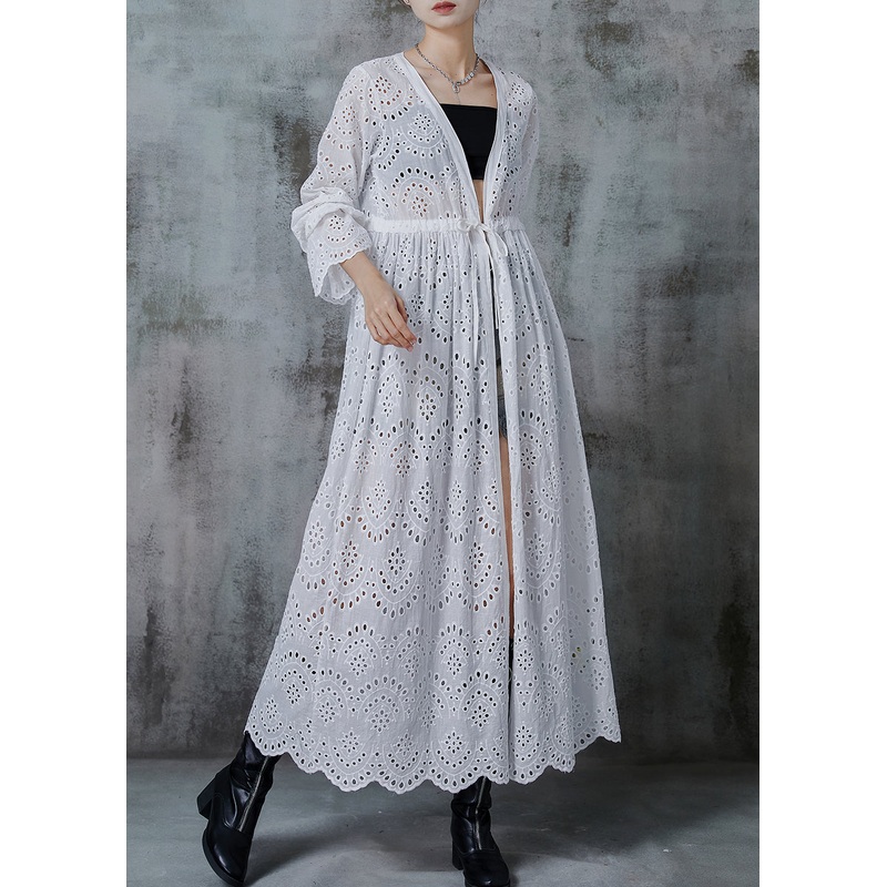 Women White Cinched Hollow Out Cotton Long Cardigans Spring