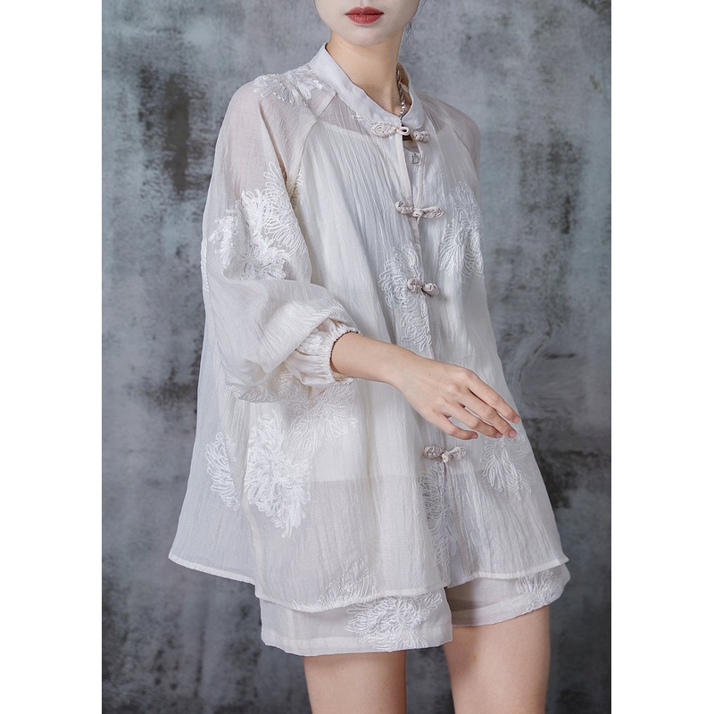Women White Embroidered Chinese Button Chiffon Two Piece Set Summer