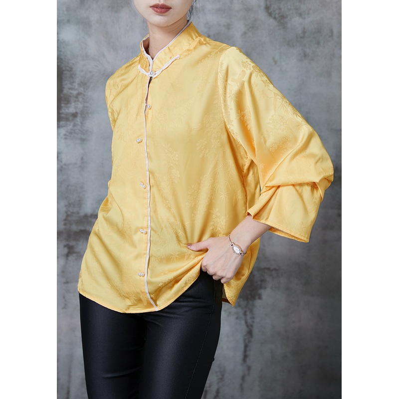 Women Yellow Mandarin Collar Jacquard Silk Shirt Tops Spring