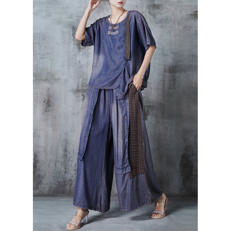 Beautiful Blue Asymmetrical Patchwork Denim Two Pieces Set Summer