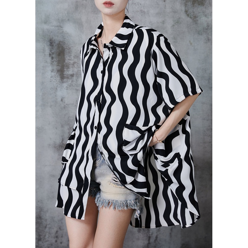 Black Striped Chiffon Long Shirts Asymmetrical Patchwork Summer