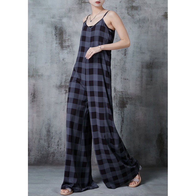 Bohemian Dull Grey Oversized Plaid Chiffon Jumpsuits Summer