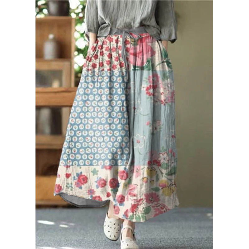 Casual Blue Flowers Pockets wrinkled Tie Waist Linen Skirt Summer