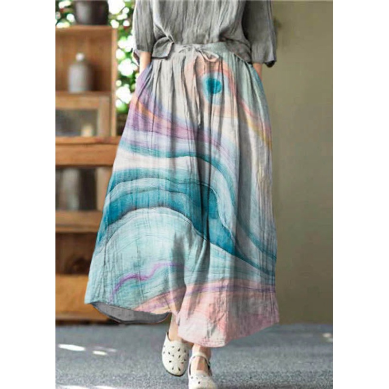 Casual Blue texture Pockets wrinkled Tie Waist Linen Skirt Summer