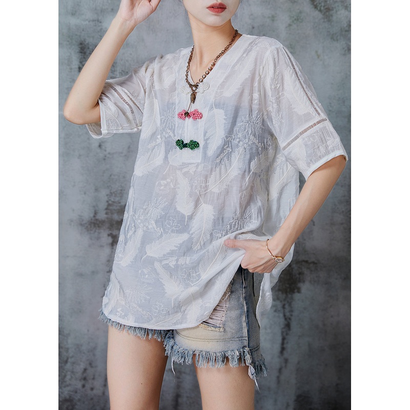 Chic White Embroidered Chinese Button Cotton Shirt Tops Summer
