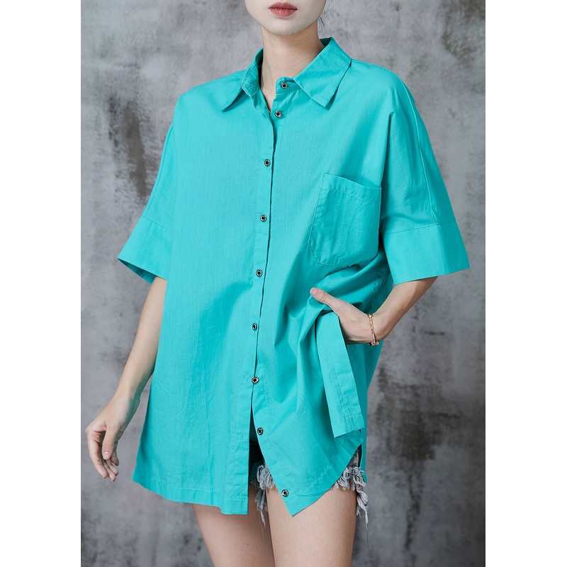 Simple Lake Green Peter Pan Collar Pocket Cotton Formal Shirt Summer