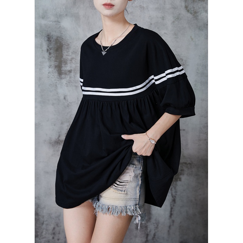 Women Black Oversized Striped Cotton Tanks Summer