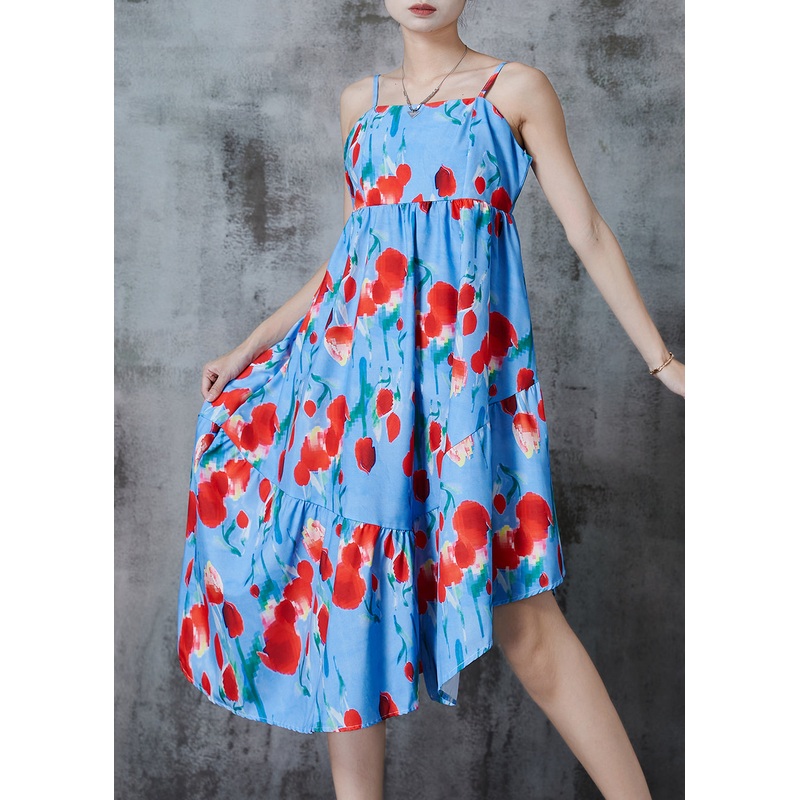Women Blue Asymmetrical Print Cotton Summer Dress