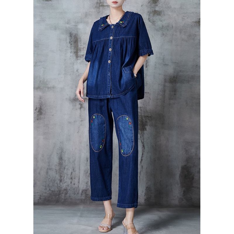 Women Navy Embroidered Patchwork Denim Two Pieces Set Summer