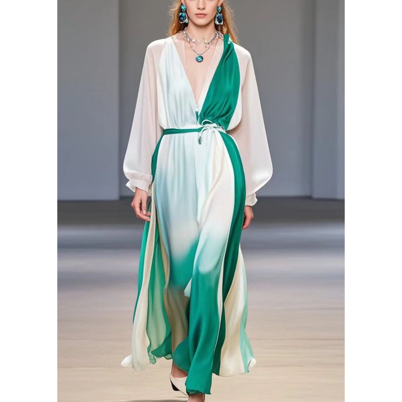 Art Gradient Color Cinched Tie Dye Silk Dress Spring