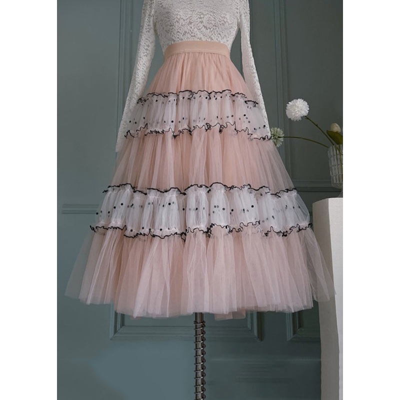 Art Pink Ruffled Elastic Waist Patchwork Tulle Skirts Summer