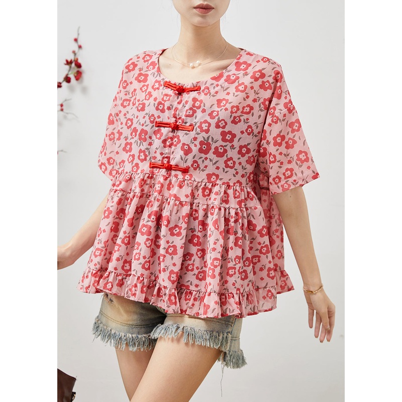 Beautiful Red Floral Cotton Blouses Chinese Button Summer