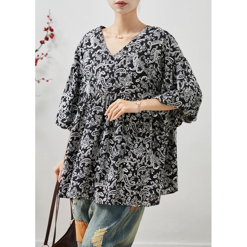 Black Print Cotton Shirts Oversized Lantern Sleeve