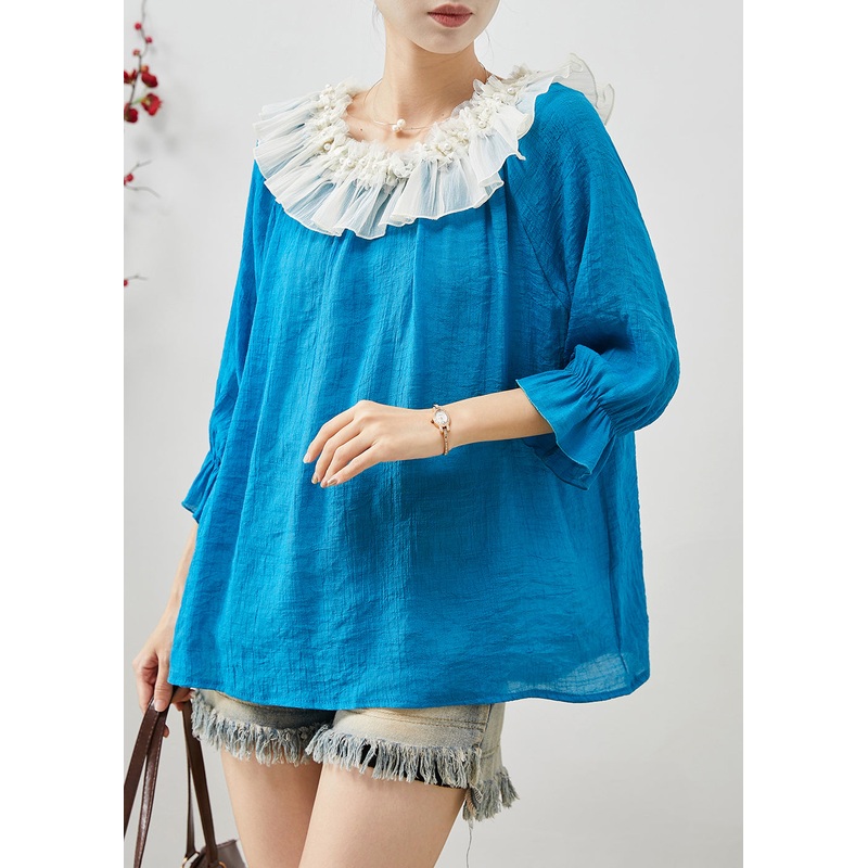 Blue Loose Chiffon Shirt Tops Peter Pan Collar Nail Bead Spring