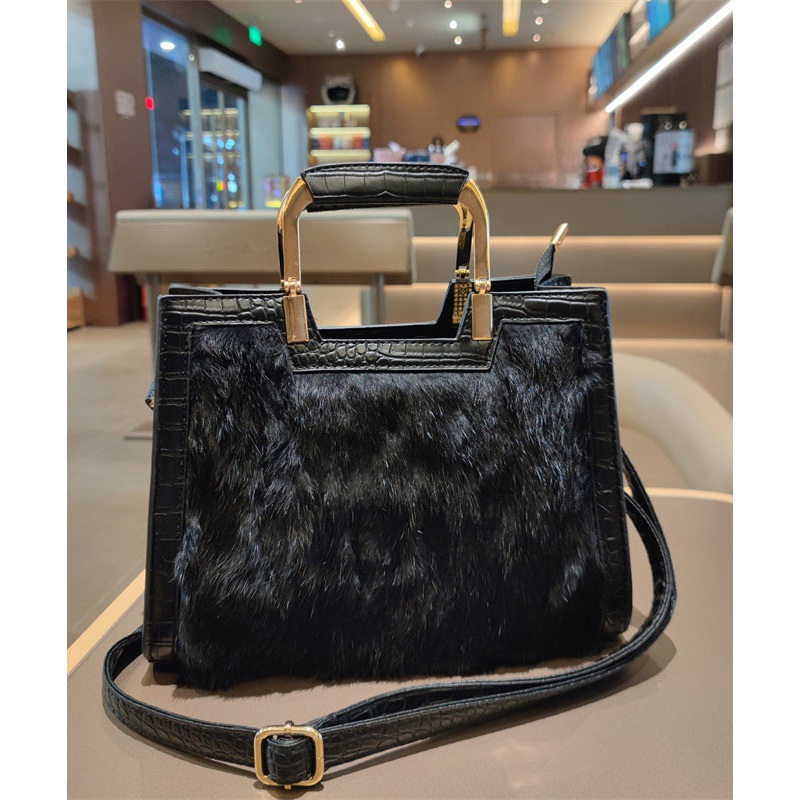 Boutique Black Faux Fur Patchwork Calf Leather Tote Handbag