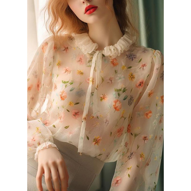 Chic Ruffled Lace Up Print Chiffon Shirt Fall