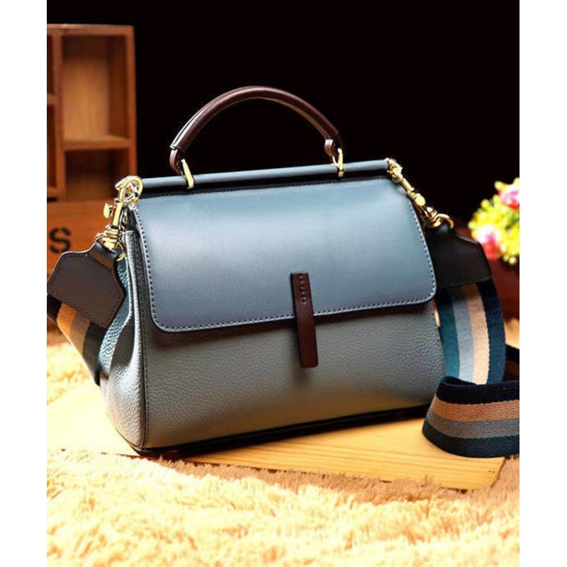 Classy Blue Versatile Solid Durable Calf Leather Tote Handbag