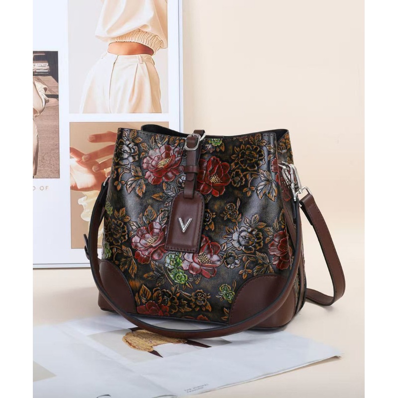 Classy Brown Jacquard Calf Leather Bucket Bag