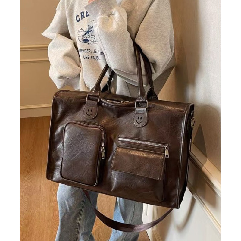 DIY Brown Large Capacity Smile Decorated Faux Leather Tote Handbag