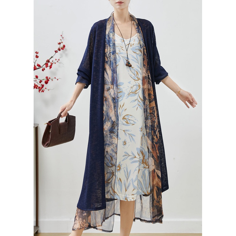 Handmade Navy Oversized Patchwork Chiffon Cardigans Spring
