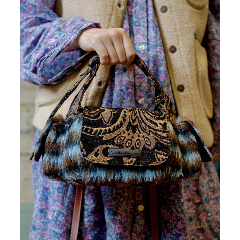 Original Design Blue Jacquard Fuzzy Fur Patchwork Tote Bag