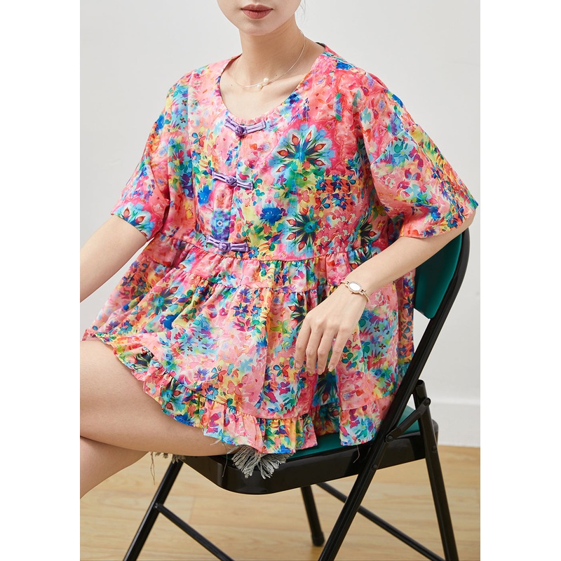 Simple Purple Print Chinese Button Cotton Shirt Tops Summer
