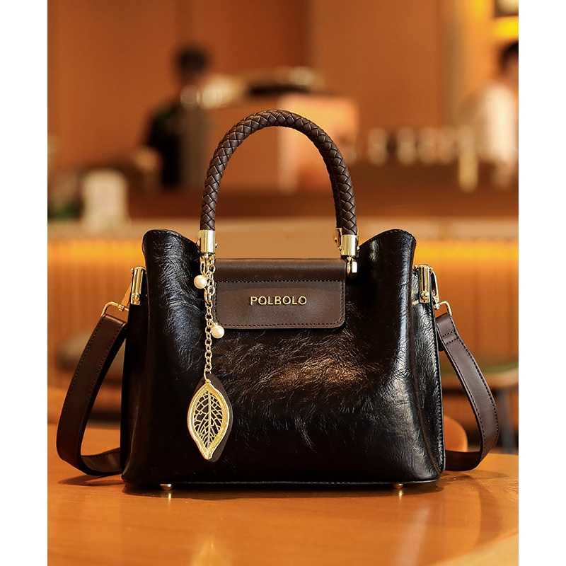 Style Black Solid Durable Calf Leather Tote Handbag