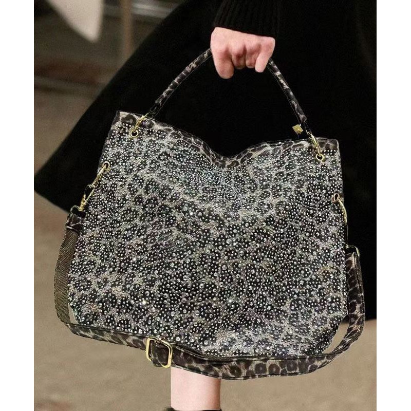 Style Leopard Print Rhinestone Large Capacity Faux Leather Tote Handbag