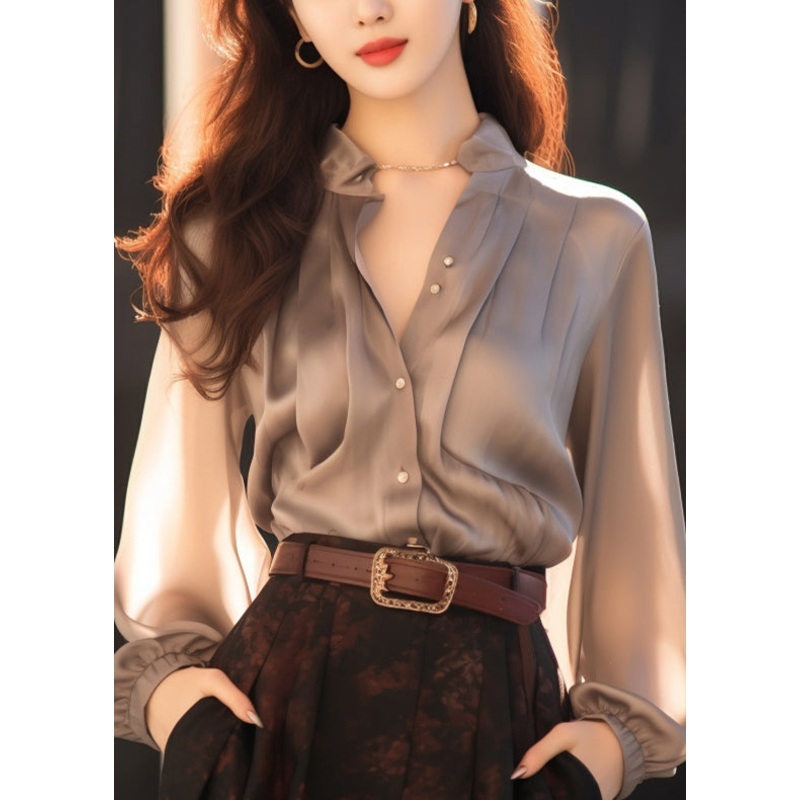 Stylish Grey Original Design Button Solid Silk Shirts Fall