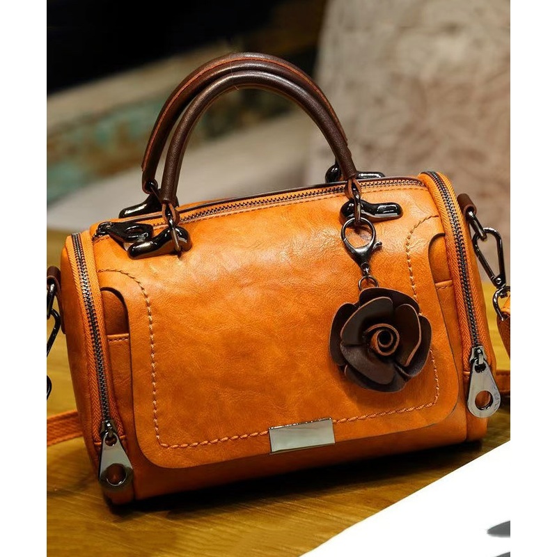 Women Brown Floral Calf Leather Durable Tote Handbag