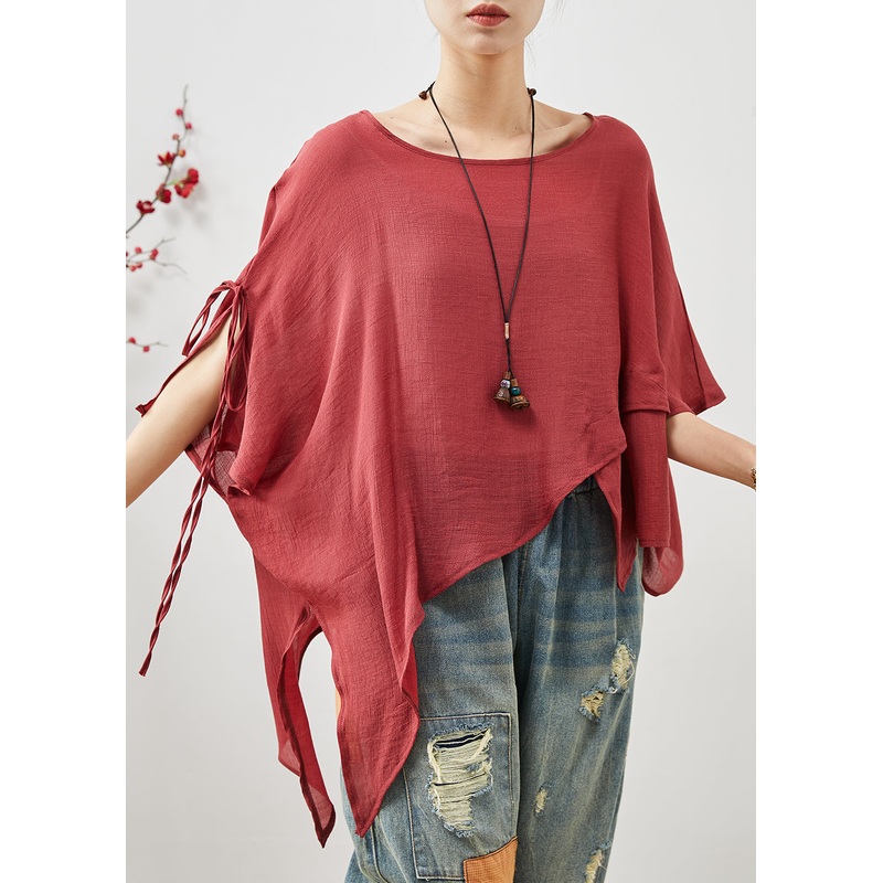 Women Red Asymmetrical Design Cotton Loose Tops Summer