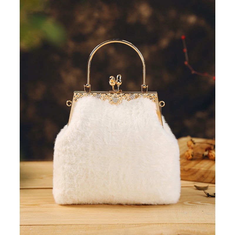 Women White Fuzzy Fur Fluffy Zircon Tote Handbag