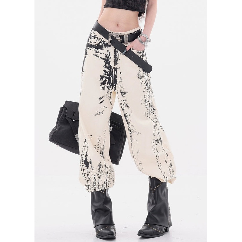 Art Apricot Print Pockets High Waist Denim Pants Fall