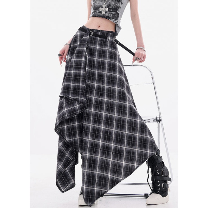 Art Black Asymmetrical Plaid Cotton Skirts Fall