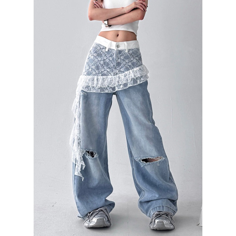 Art Blue Hole Lace Patchwork Denim Pants Fall