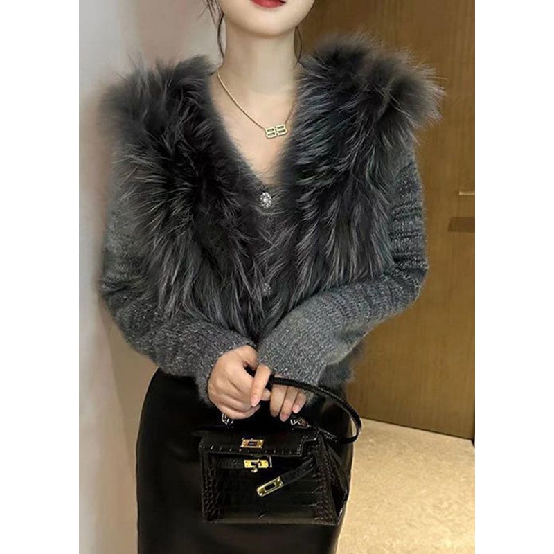 Art Grey V Neck Fur Collar Cotton Knit Sweater Spring