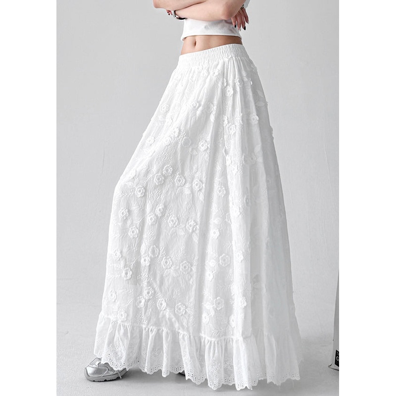 Art White Floral Hollow Out Elastic Waist Cotton Skirt Summer
