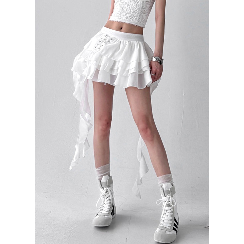 Art White Lace Up Cotton Asymmetrical Skirts Summer