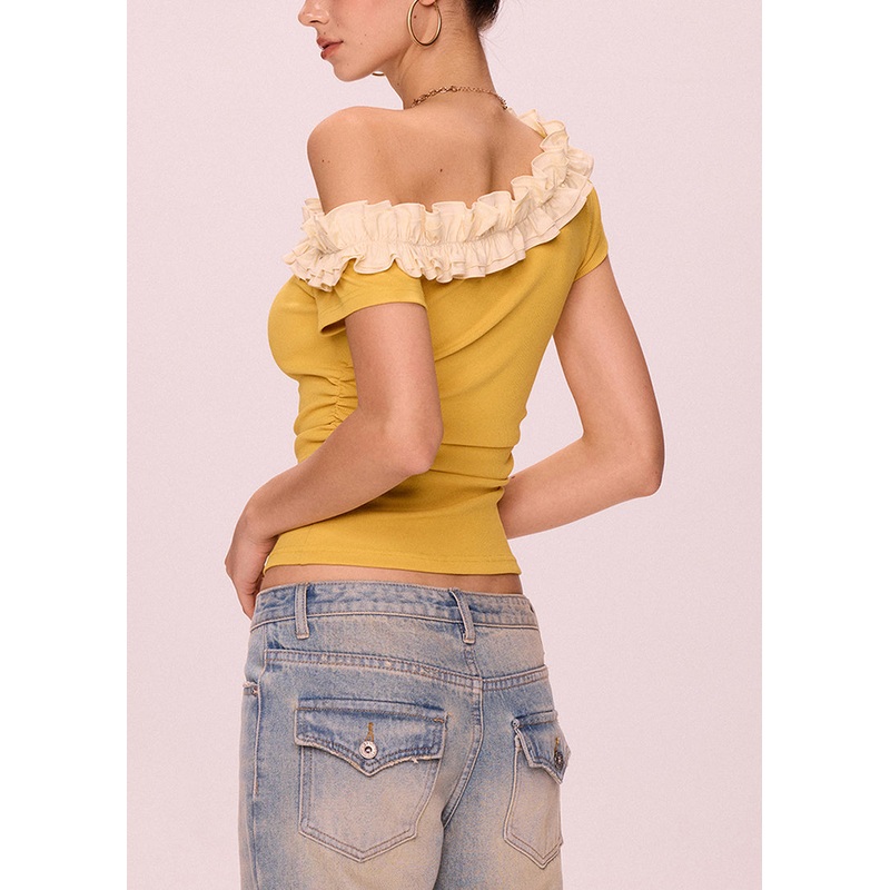 Art Yellow Cold Shoulder Ruffled Cotton T Shirt Summer