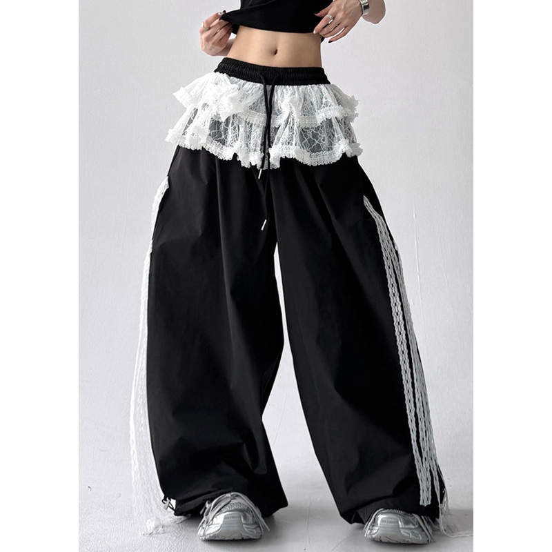 Black Elastic Waist Cotton Fall Pants Lace Asymmetrical