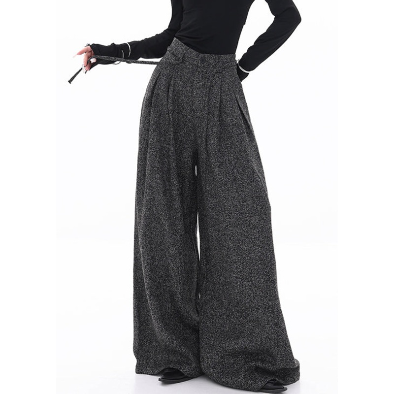 Black Lace Up Woolen Fall Wide Leg Pants High Waist