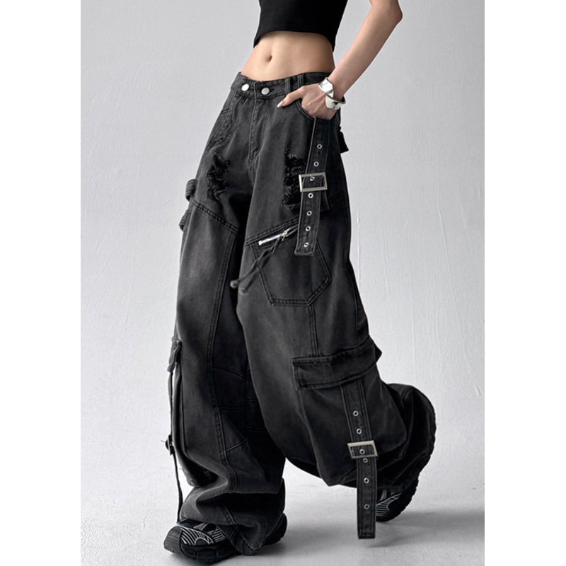 Black Original Design Pockets Denim Pants High Waist