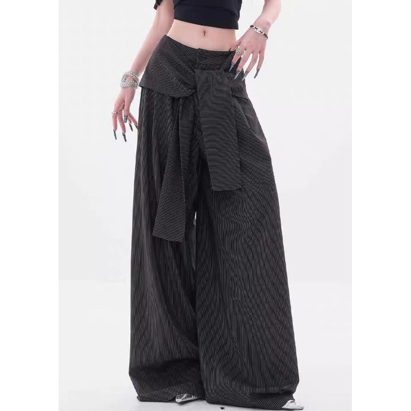 Black Striped Button Spandex Fall Pants High Waist