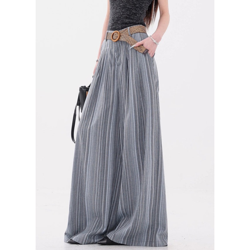 Blue Button Pockets Cotton Wide Leg Pants Elastic Waist