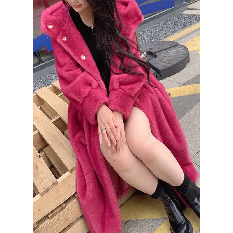 Bohemian Red Pockets Mink Hair Knitted Hoodie Long Coat Spring