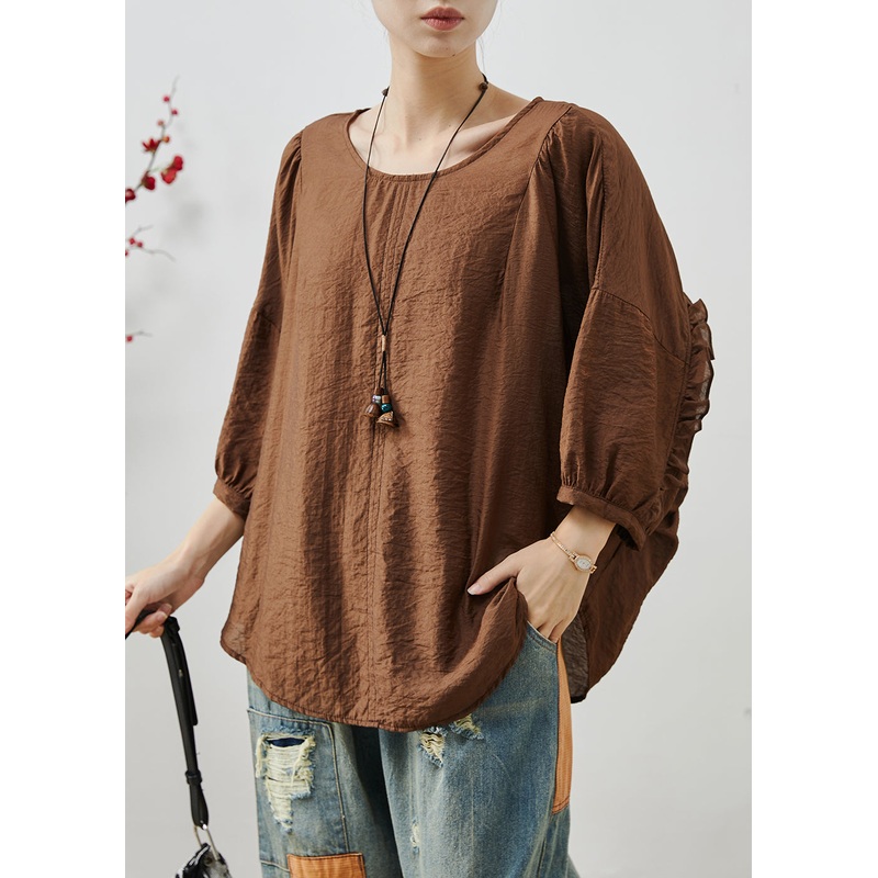 Chic Chocolate Ruffles Cotton Loose Tops Batwing Sleeve