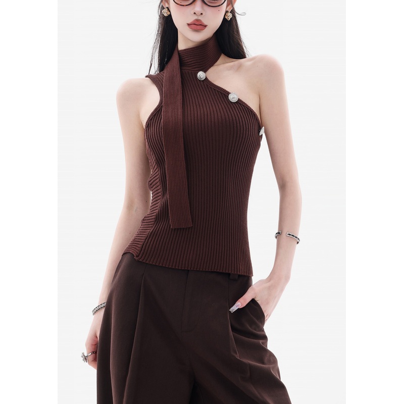 Coffee Original Design Solid Knit Tank Sleeveless Cold Shoulder