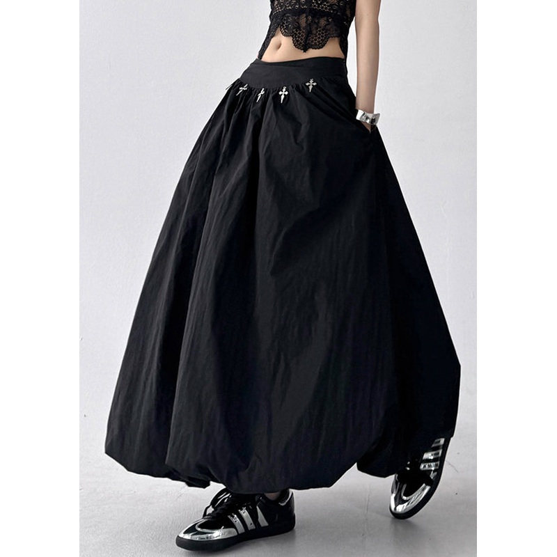 Fine Black Pockets High Waist Patchwork Cotton Skirts Summer